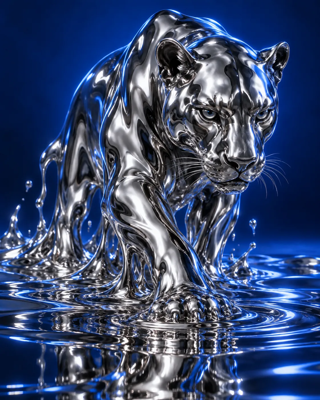 A liquid chrome panther rising from a reflective silver pool in a blue studio