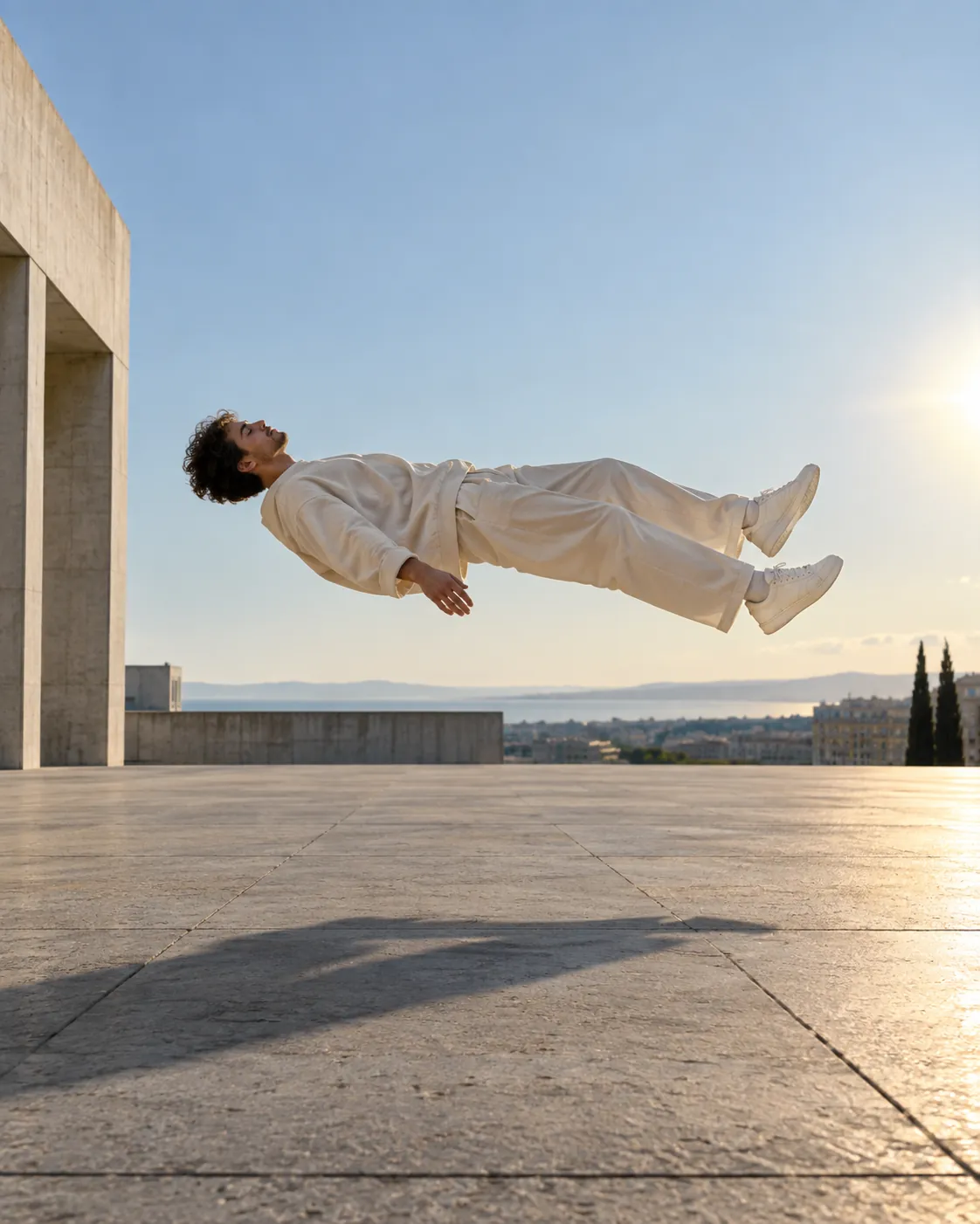 A person in ivory streetwear floating over a sunlit concrete plaza