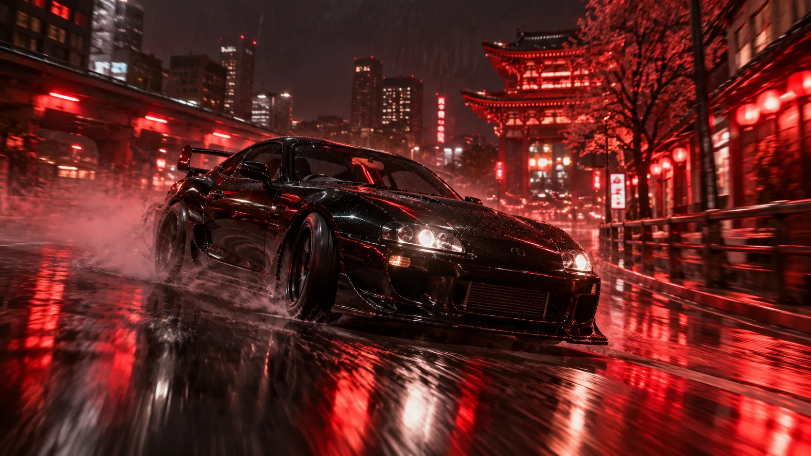 A black sports coupe drifting across a rain-soaked neon red street